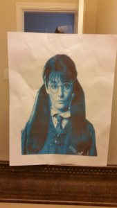 Moaning Myrtle taped to our bathroom mirror